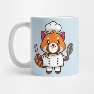 Cute Red Panda Chef Holding Pan And Knife Cartoon Mug